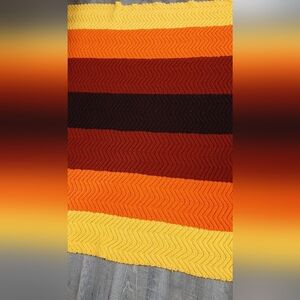 Vintage 70s Fall Afghan Crochet Blanket Retro 64x68 Orange Yellow Brown Granny